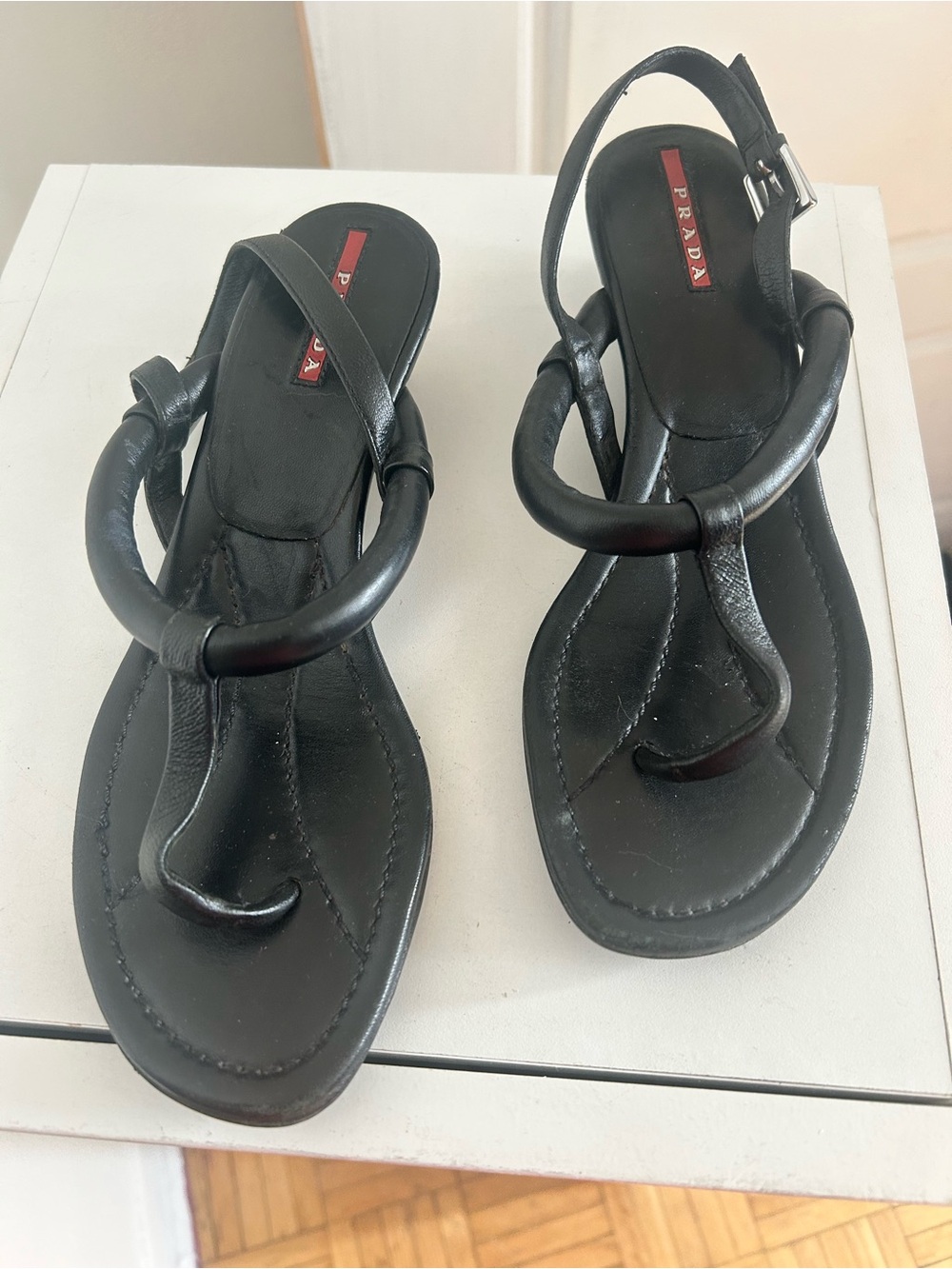 Prada Sport Linea Rossa Black Leather T-Strap Wedge Sandals Made in Italy